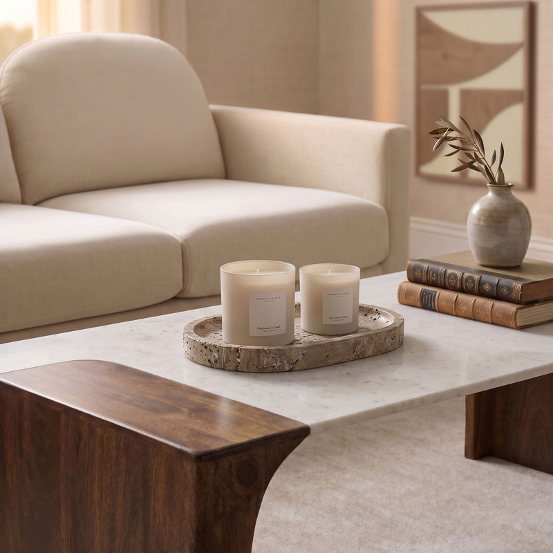 Beige travertine tray with candles on top, round low profile