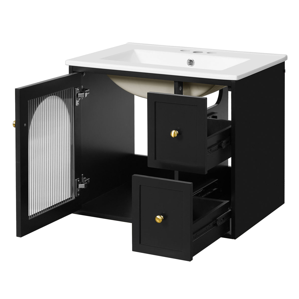 Black wall-mounted bathroom vanity set with white sink, 2 drawers, and a soft-close door