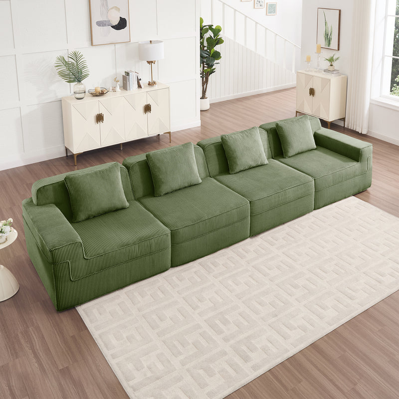 4-Seater Modular Corduroy Sectional Sofa - Green Corduroy