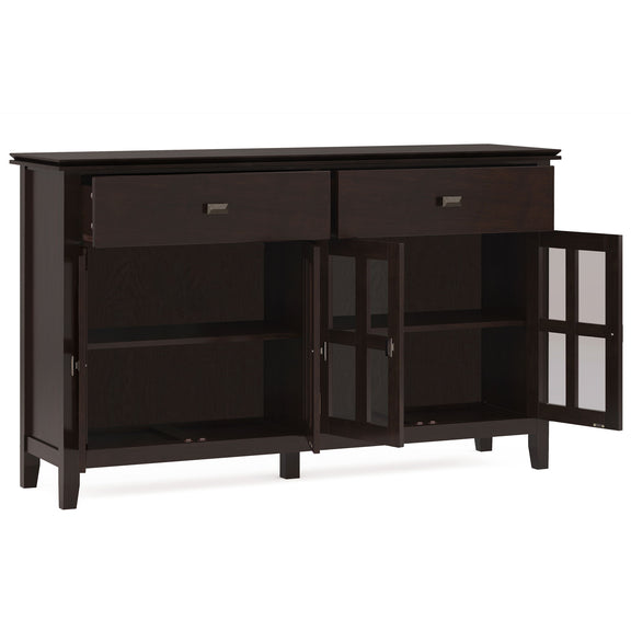 Dark chestnut brown buffet with drawers and open glass-paneled cabinet doors revealing shelves