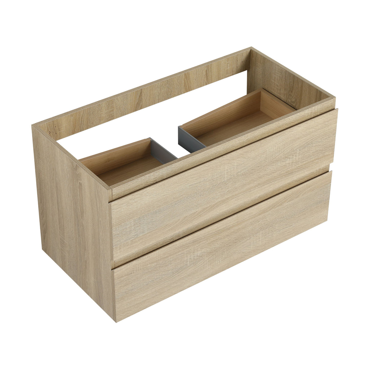 Light brown wall-mounted bathroom vanity with two open drawers and inset sink basin