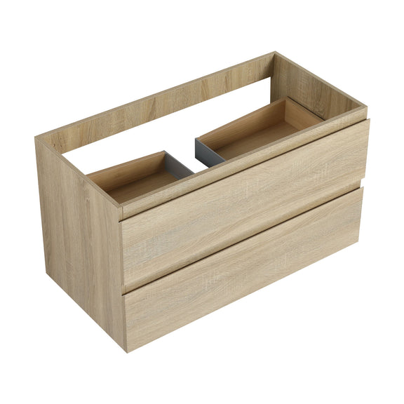 Light brown wall-mounted bathroom vanity with two open drawers and inset sink basin