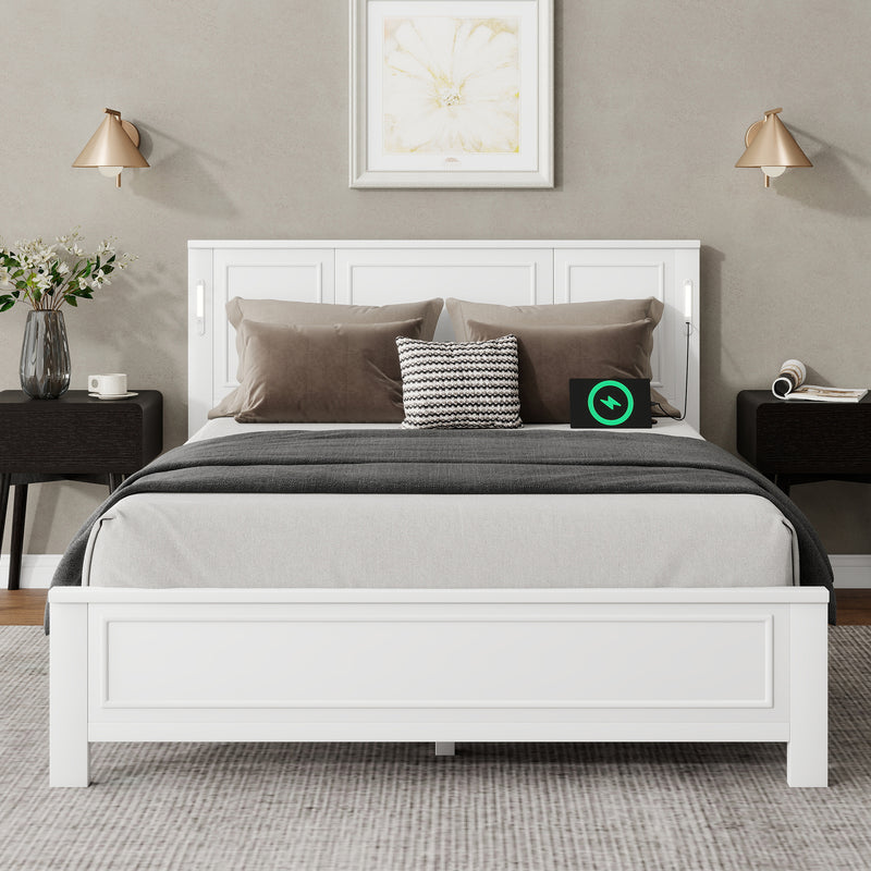 Queen Size Bed with Tall-Panel Headboard & Footboard, Built-in LED Lights, USB Charging Station, Pinewood Bed with Strengthened Bed Frame, White