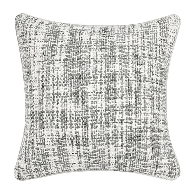 Speckled woven square throw pillow in light gray with piped edges