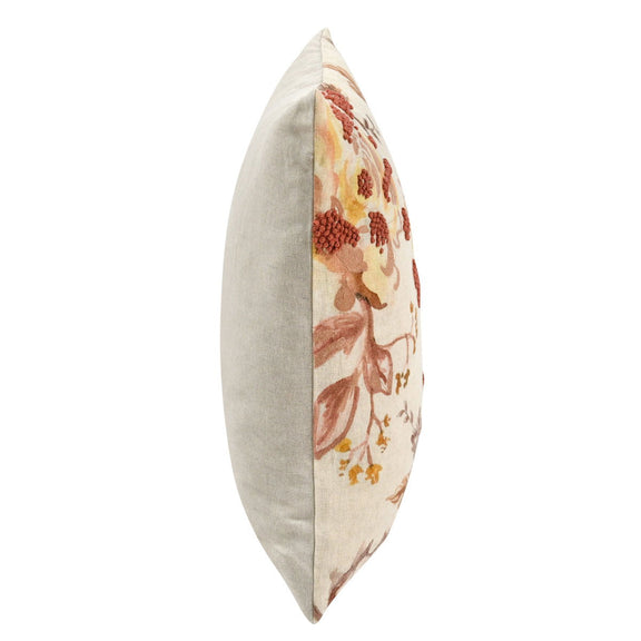 20x20 decorative pillow cover, side view with cream floral print and light fabric trim