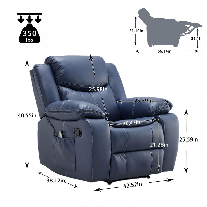 Blue reclining chair with footrest, shown with size measurements