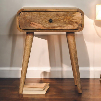 Wood nightstand with 1 drawer, round knob, rounded top, tapered legs, distressed finish