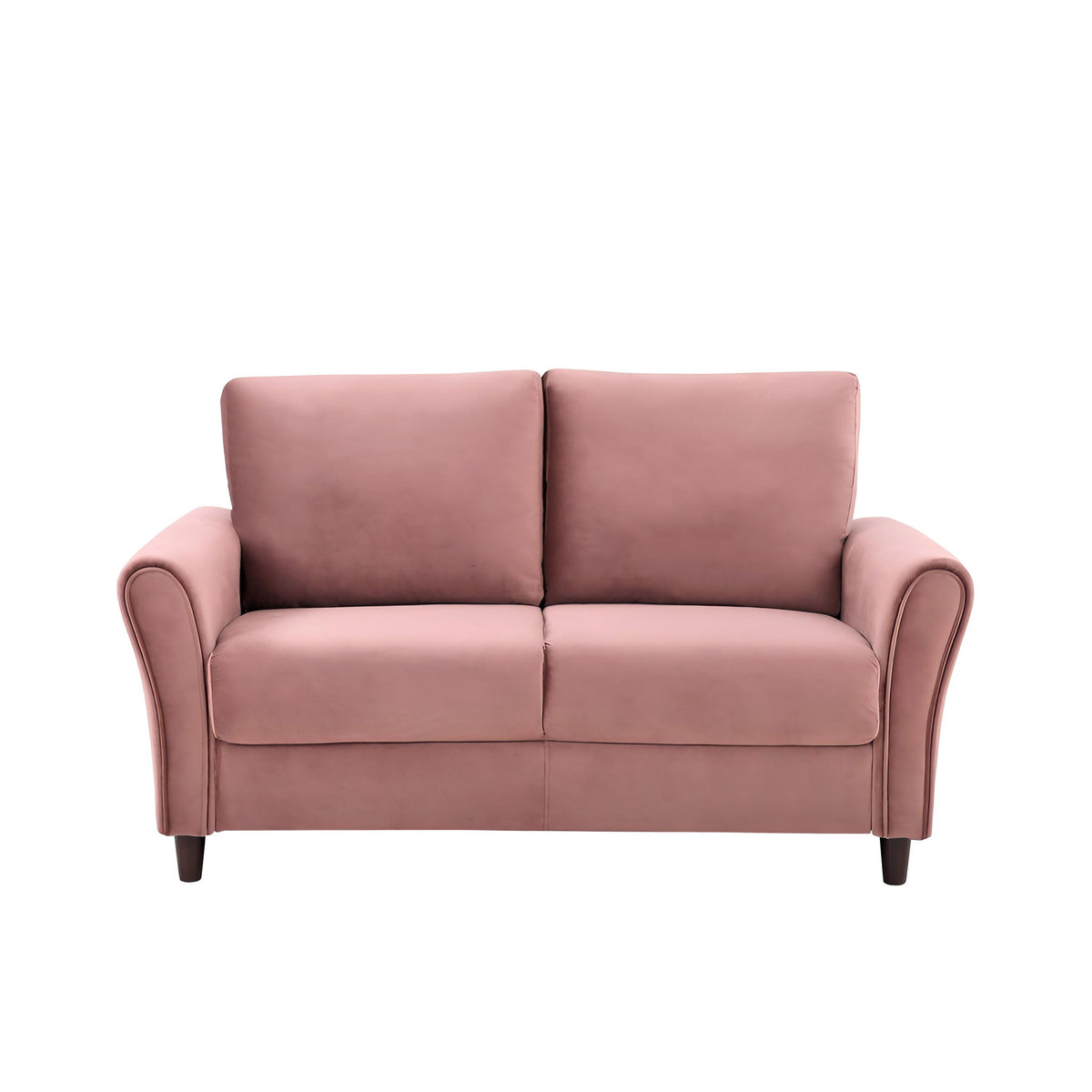 Pink curved-arm loveseat sofa with two seat cushions and two back cushions