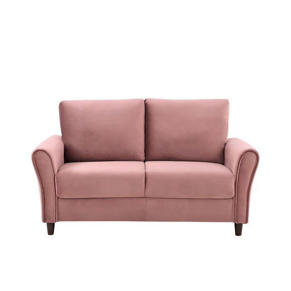 Pink curved-arm loveseat sofa with two seat cushions and two back cushions