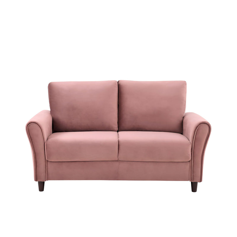 Pink curved-arm loveseat sofa with two seat cushions and two back cushions