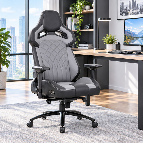 Black and gray high-back gaming chair with quilted backrest, padded seat, and casters