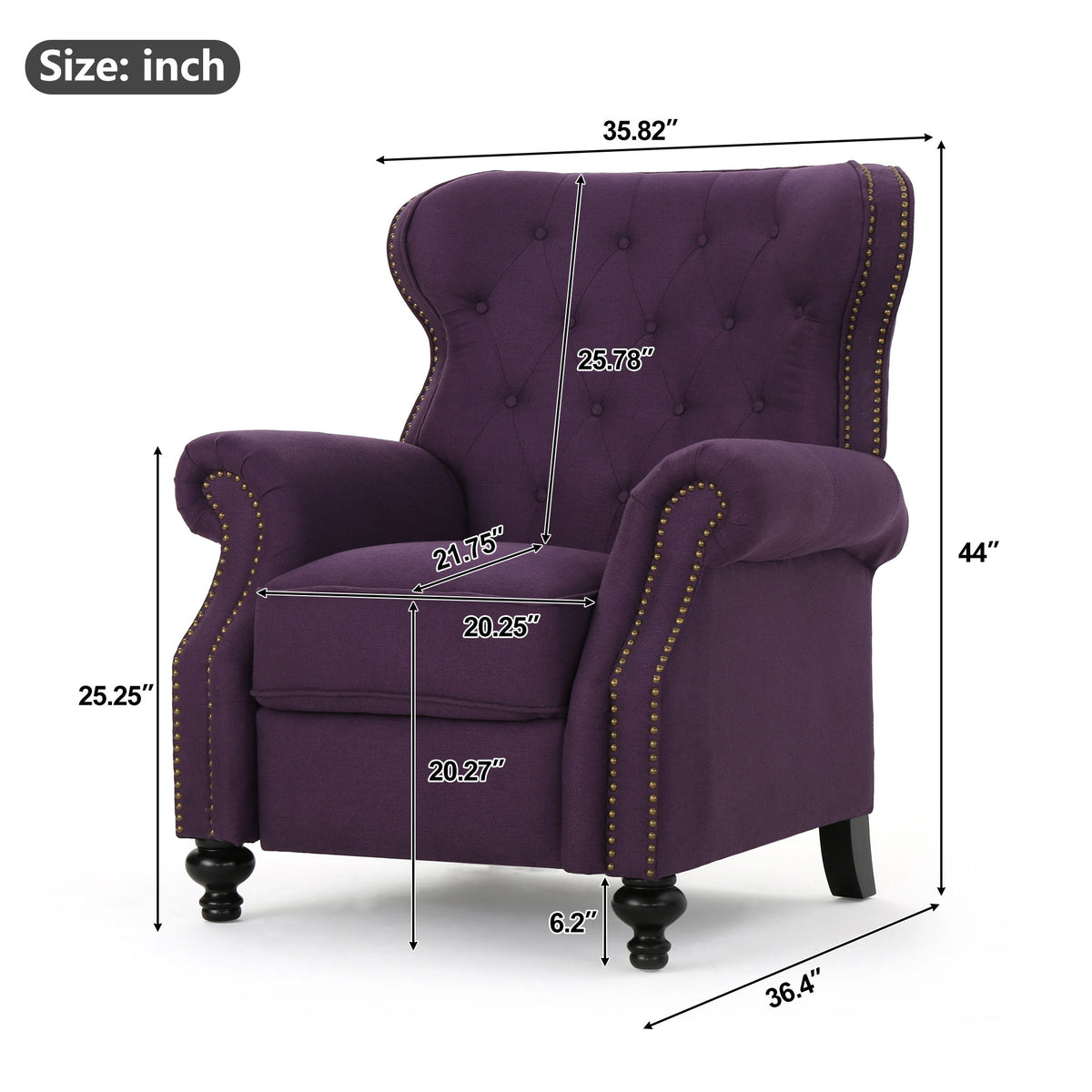 Purple tufted recliner chair with studded trim and rounded armrests.