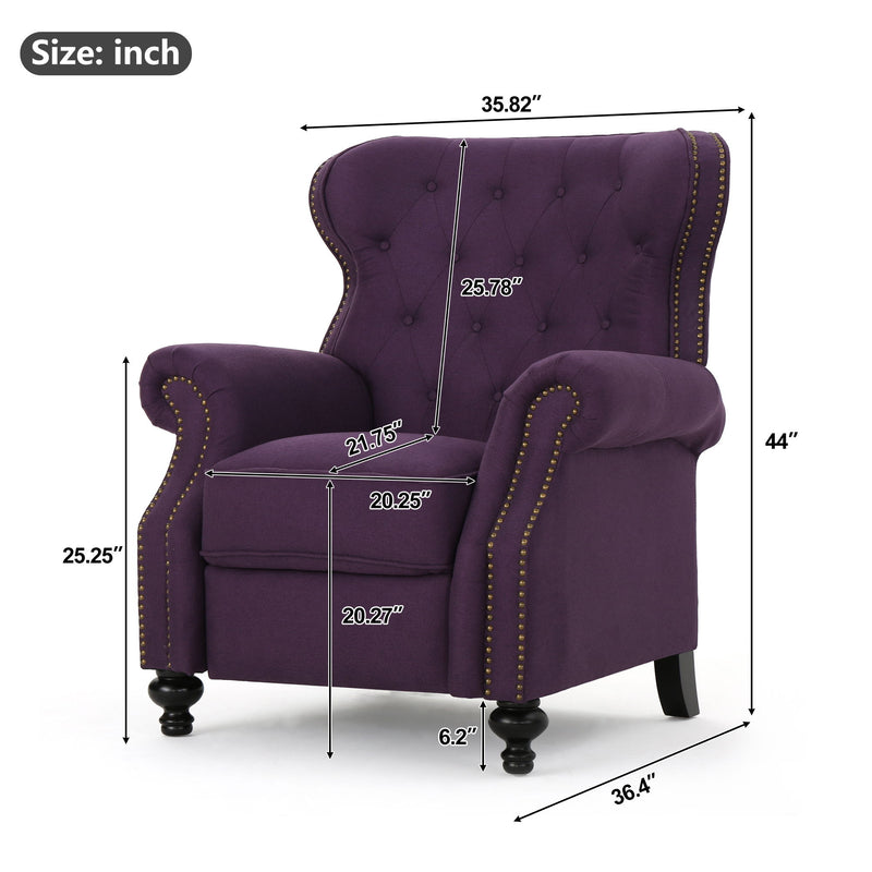 Purple tufted recliner chair with studded trim and rounded armrests.