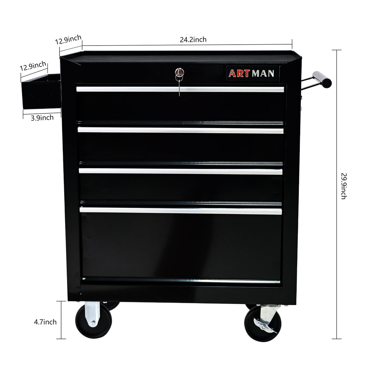 Black tool cart front view with four drawer rows, top lid, and caster wheels