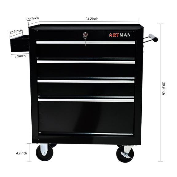 Black tool cart front view with four drawer rows, top lid, and caster wheels