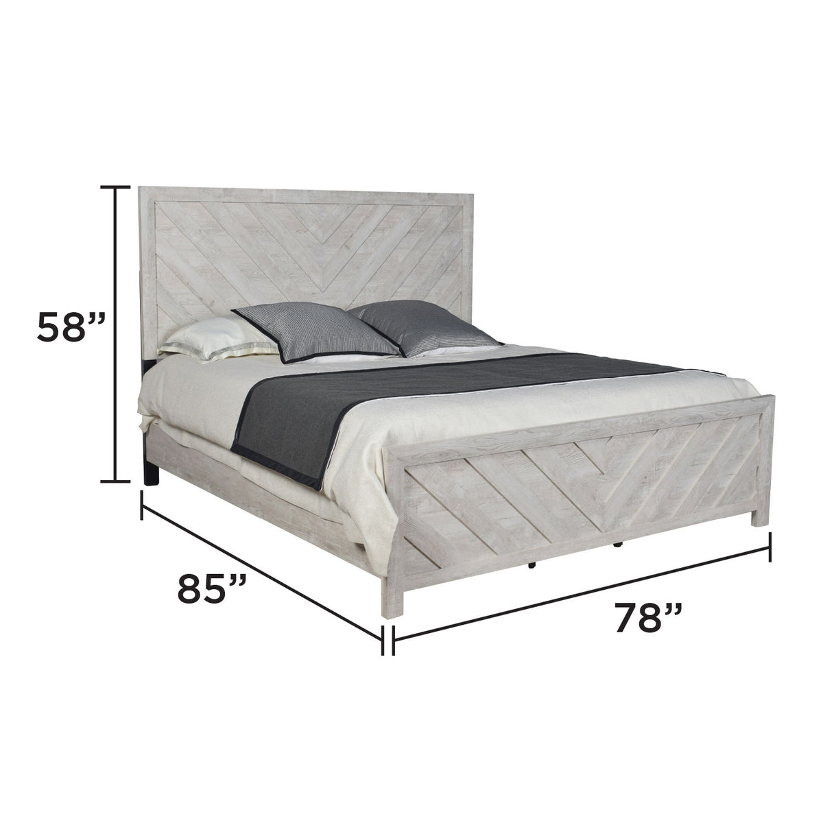 Gray platform bed with headboard, footboard; 58"H, 85"L, 78"W