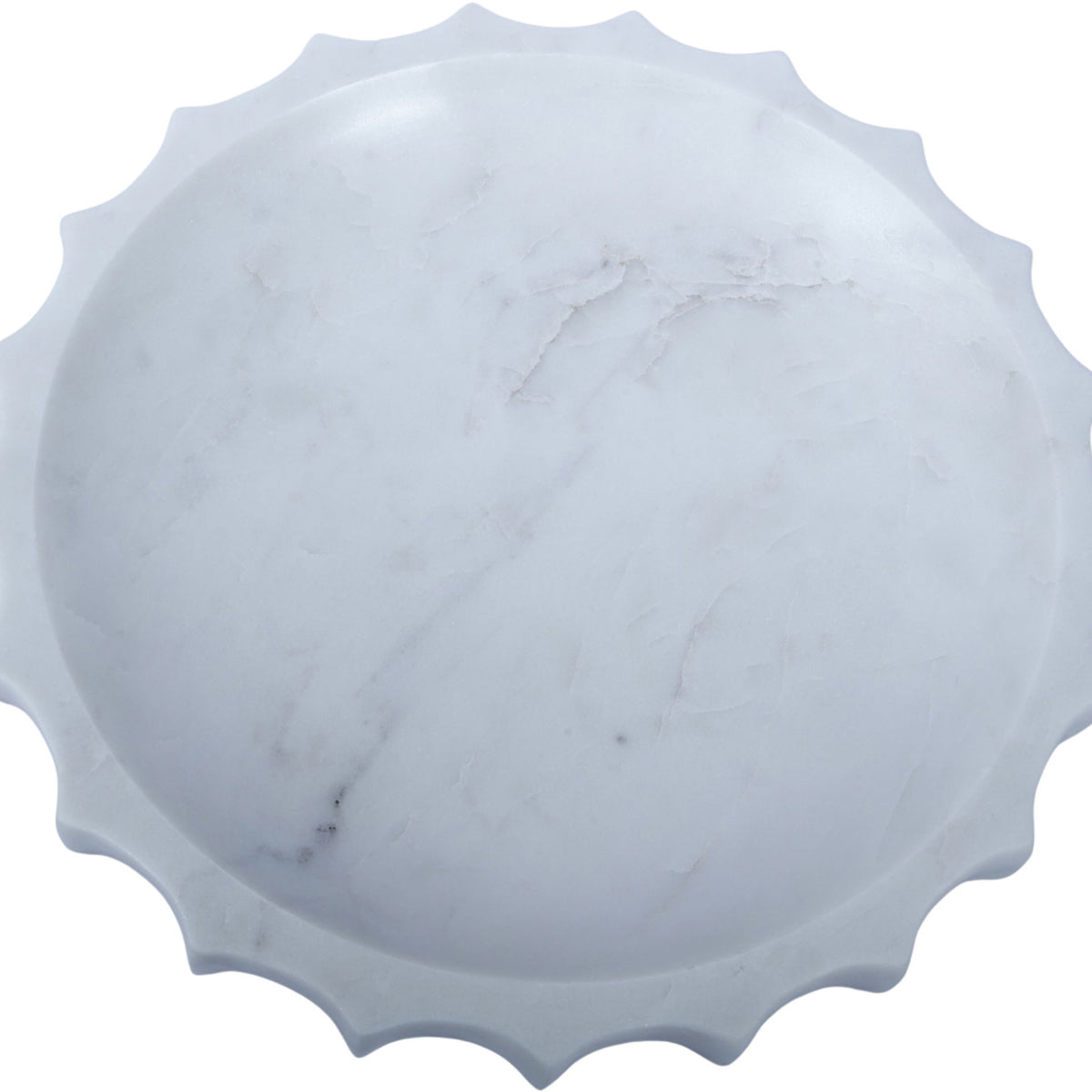 White genuine marble bowl with subtle gray veining and scalloped rim edges