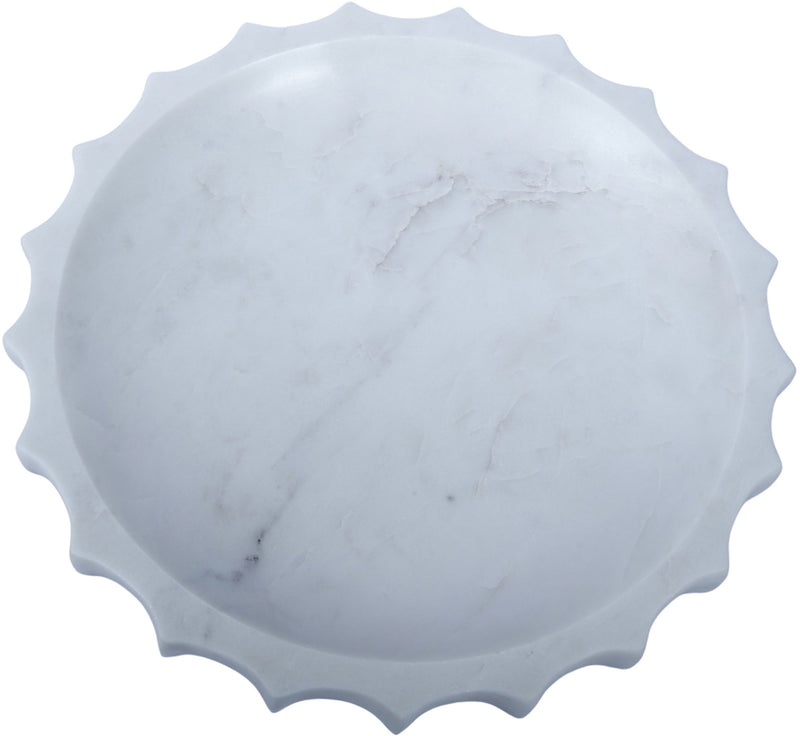 White genuine marble bowl with subtle gray veining and scalloped rim edges