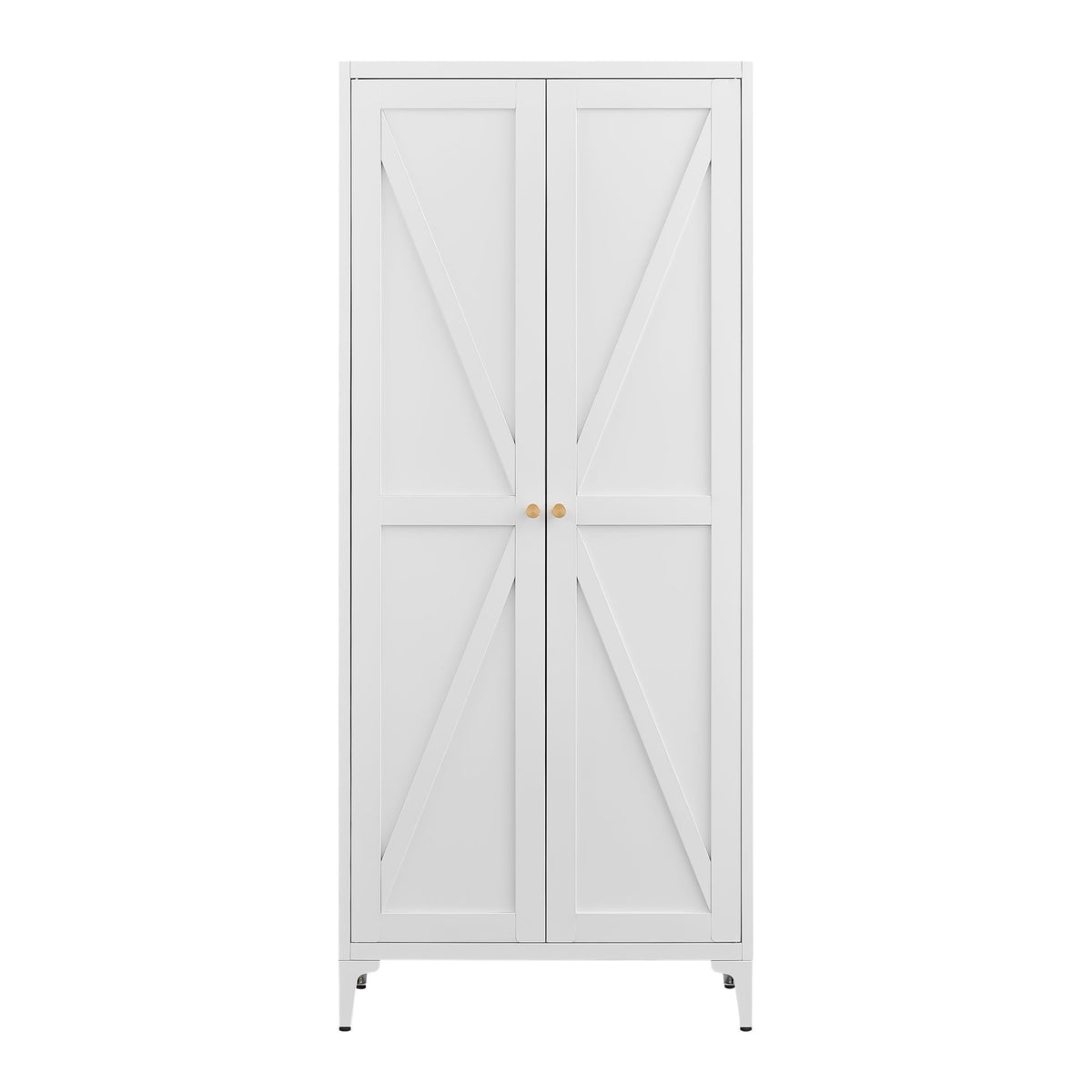 White two-door kitchen pantry cabinet with striped panel doors and gold knobs