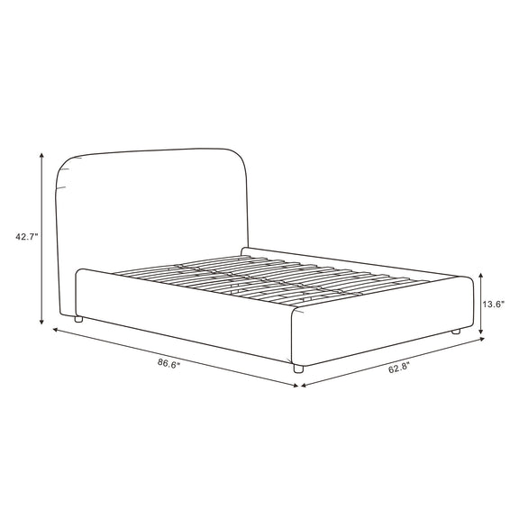 Upholstered bed frame size diagram showing rounded headboard and slatted platform