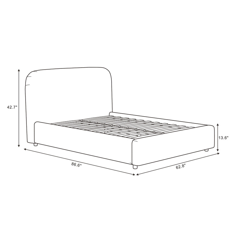 Upholstered bed frame size diagram showing rounded headboard and slatted platform