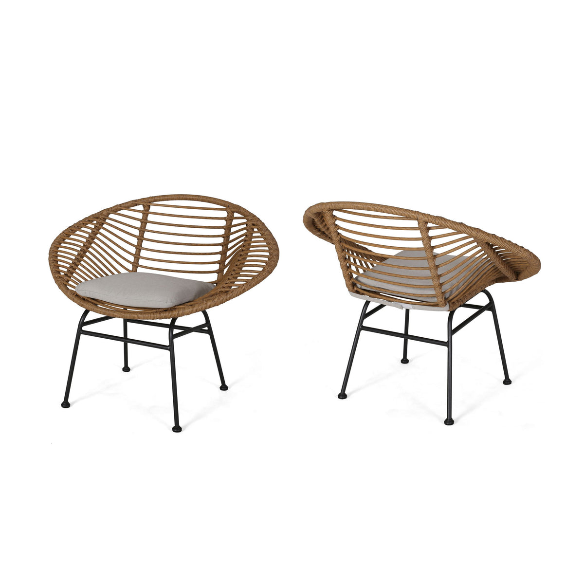 Outdoor woven wicker chair set of 2 with beige cushions and black metal legs