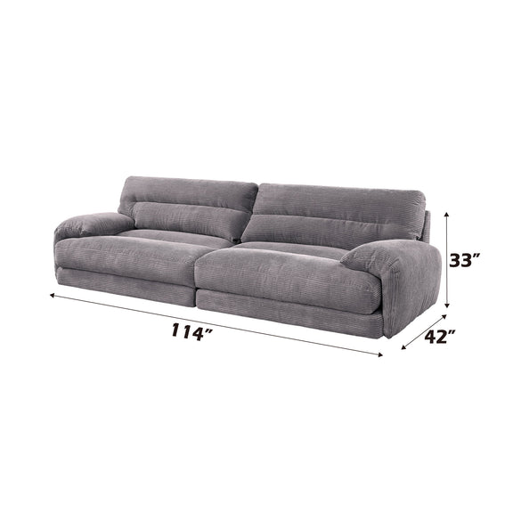 Gray corduroy sofa from 2-piece living room set, with dimensions 114" x 42" x 33"