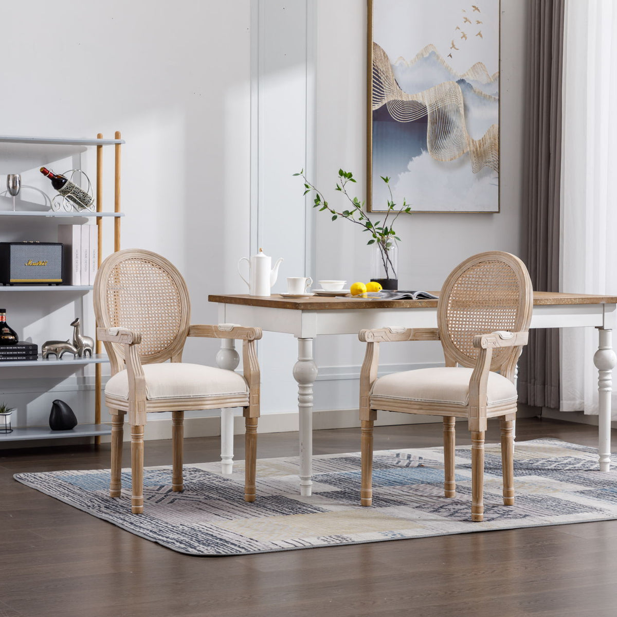 French Vintage Upholstered Fabric Dining Armchair (Set of 2) - Beige