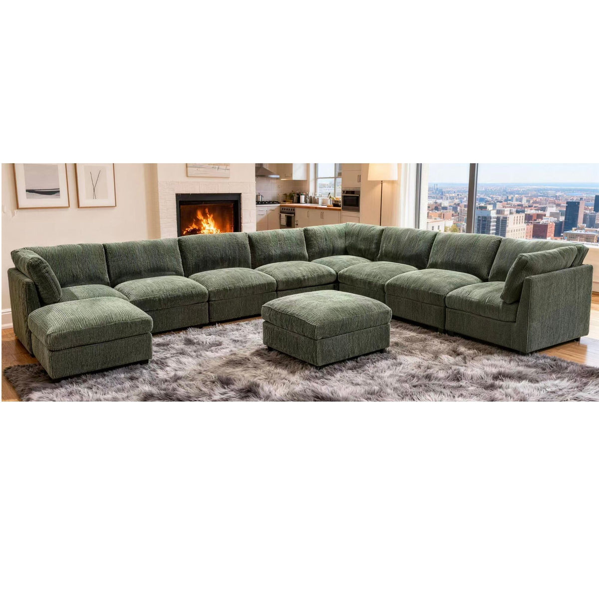 Dark green modular sectional sofa with two ottomans and deep cushioned seats