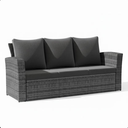 Dark gray wicker 3-seat patio sofa with black thick seat cushions and back pillows