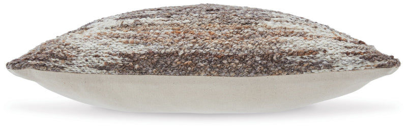 Brown-and-white textured throw pillow shown from the side