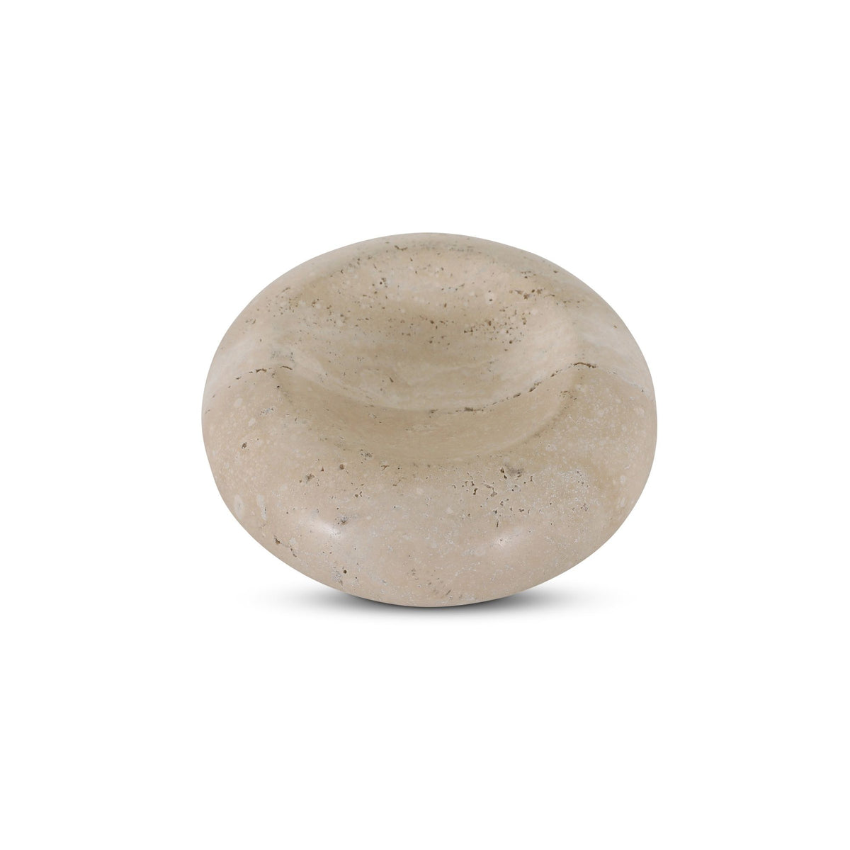 Oval stone catchall bowl in light beige, smooth surface with dark speckles