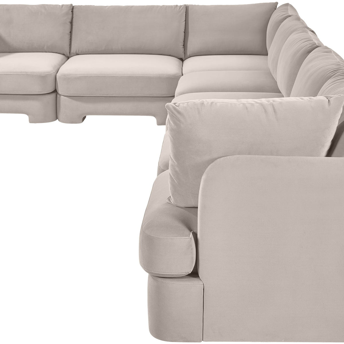 Light gray velvet performance fabric sectional sofa with chaise and thick, padded arms