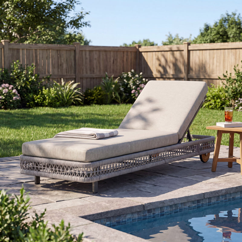 Gray outdoor chaise lounge with wheels, 5-position adjustable backrest, thick padded cushion.