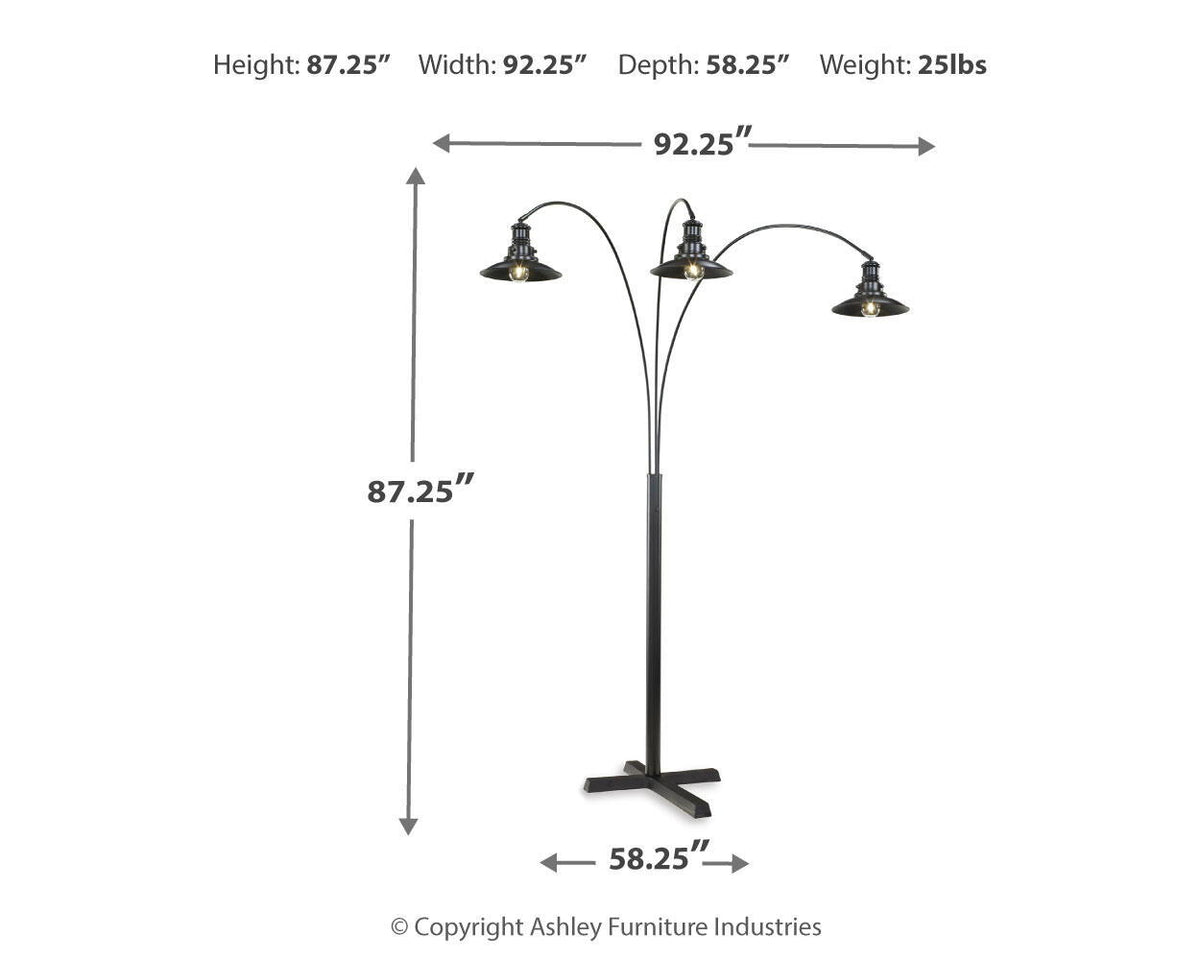 Sheriel black metal arc floor lamp diagram, three arched arms with three shades