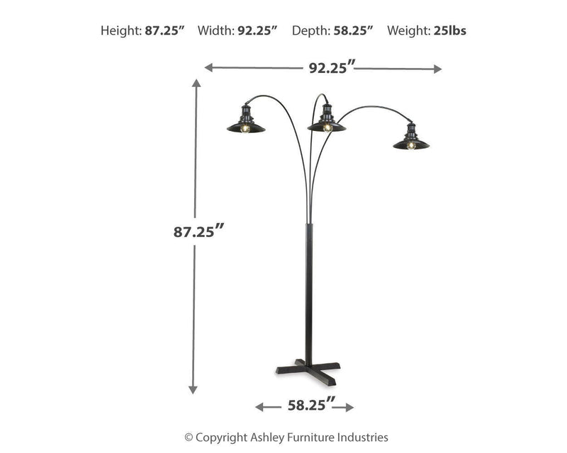 Sheriel black metal arc floor lamp diagram, three arched arms with three shades