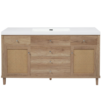 Light brown bathroom vanity with white sink top, soft-close drawers, and rattan doors