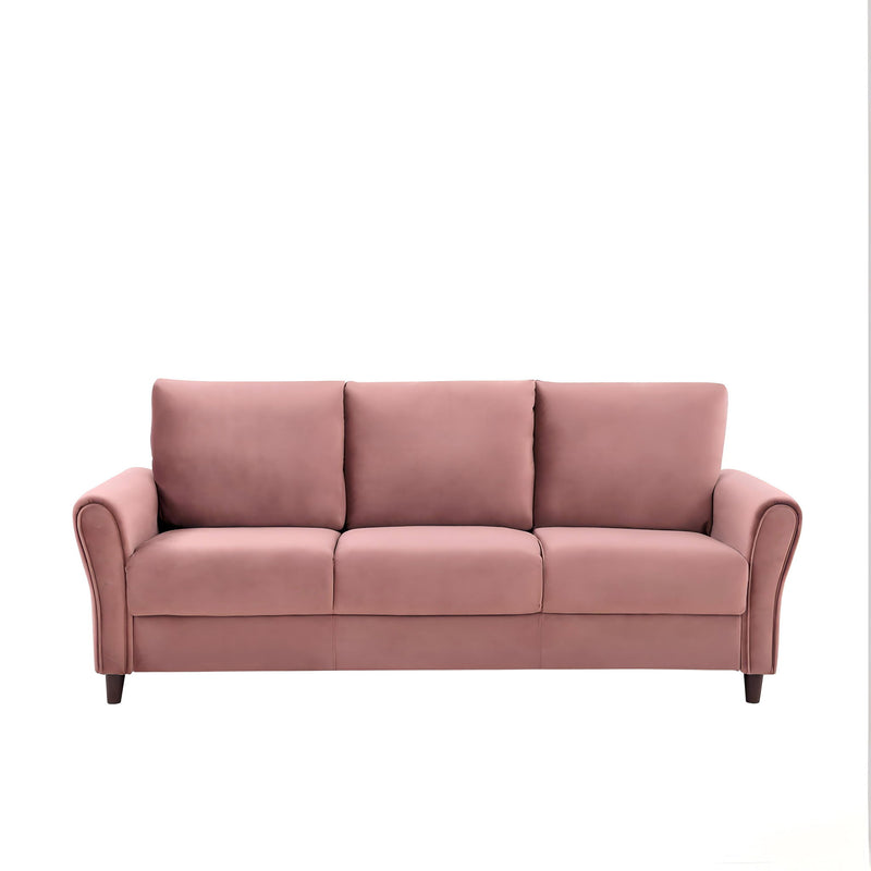 Pink 3-seat sofa with curved arms and three back cushions on dark legs.