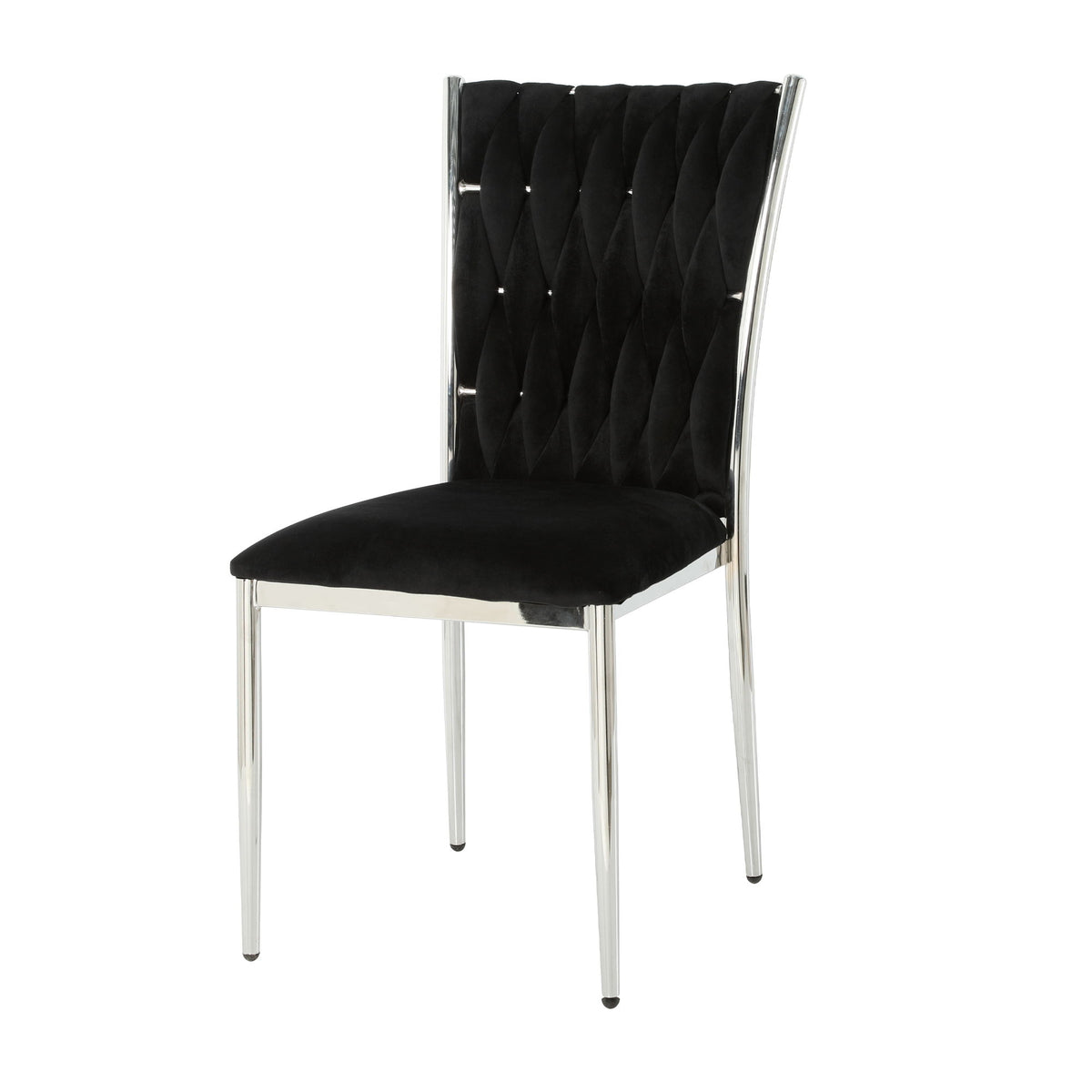 Black tufted dining chair with diamond-stitch back and chrome metal legs