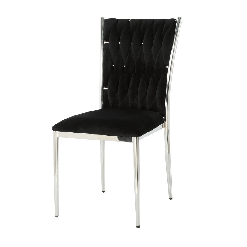 Black tufted dining chair with diamond-stitch back and chrome metal legs