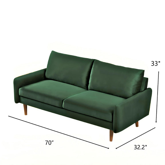 Kent sofa in dark green with two back cushions, wide track arms, and tapered wooden legs