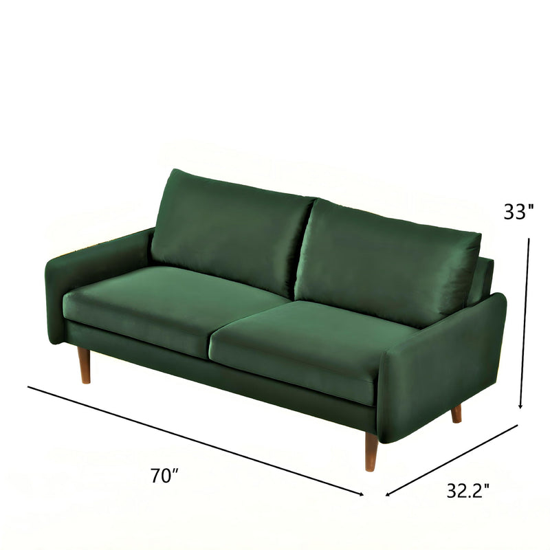 Kent sofa in dark green with two back cushions, wide track arms, and tapered wooden legs