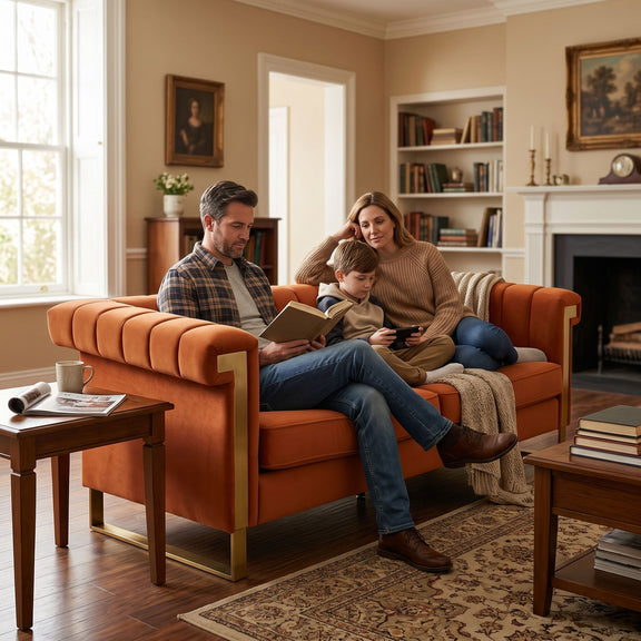 Orange channel-back sofa with two seat cushions and gold-tone metal frame, shown in use.