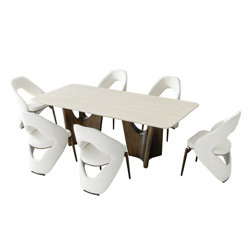 Dining Table Set With Upholstery - Ancient White / Antique Bronze / Beige