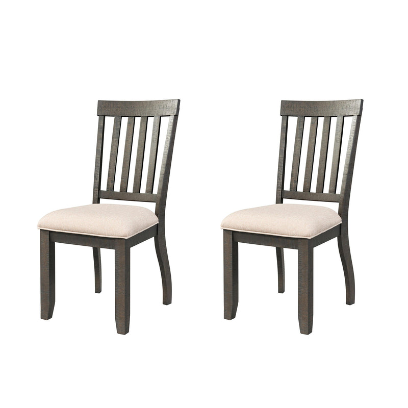 Set of 2 gray upholstered side chairs with slatted backs and square legs