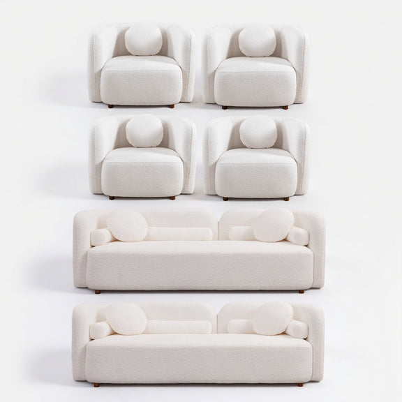 White upholstered seating set with two long sofas and four armchairs