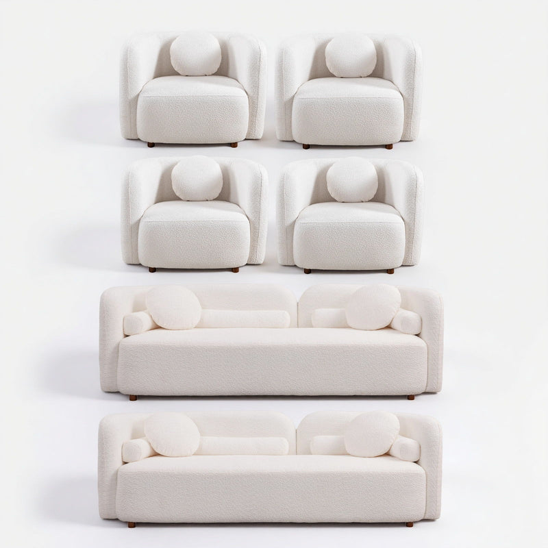White upholstered seating set with two long sofas and four armchairs