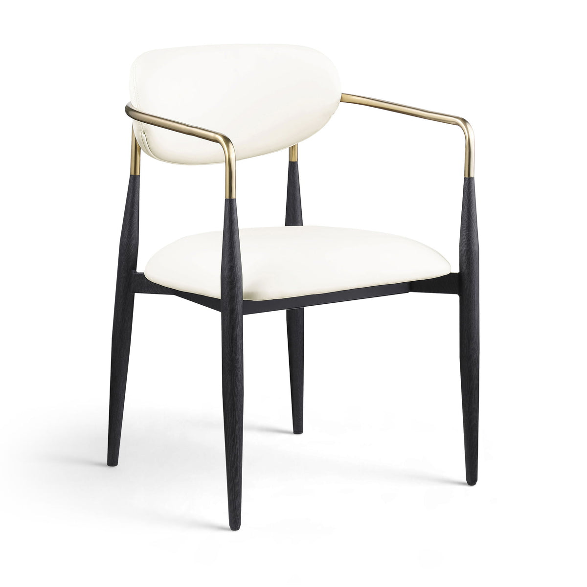 Upholstered dining arm chair with white seat and back, black legs, gold arm frame