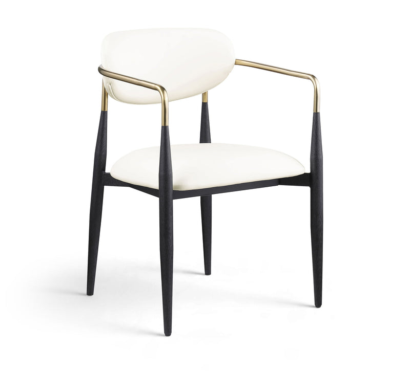 Upholstered dining arm chair with white seat and back, black legs, gold arm frame