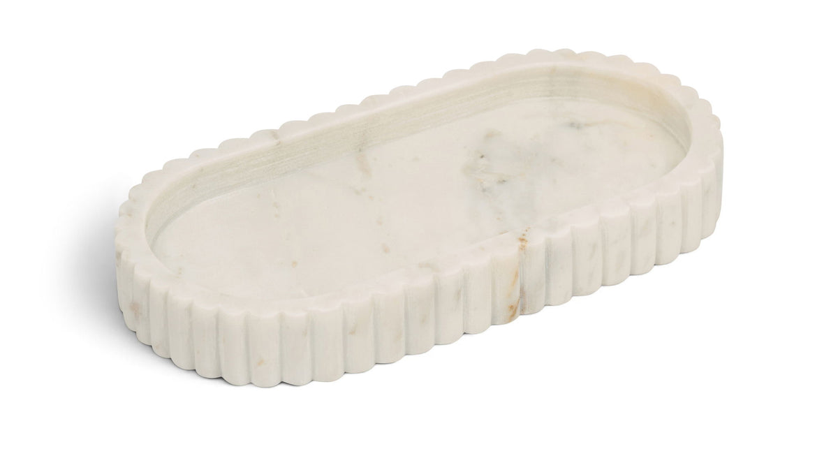 White genuine marble tray with scalloped, ridged edges